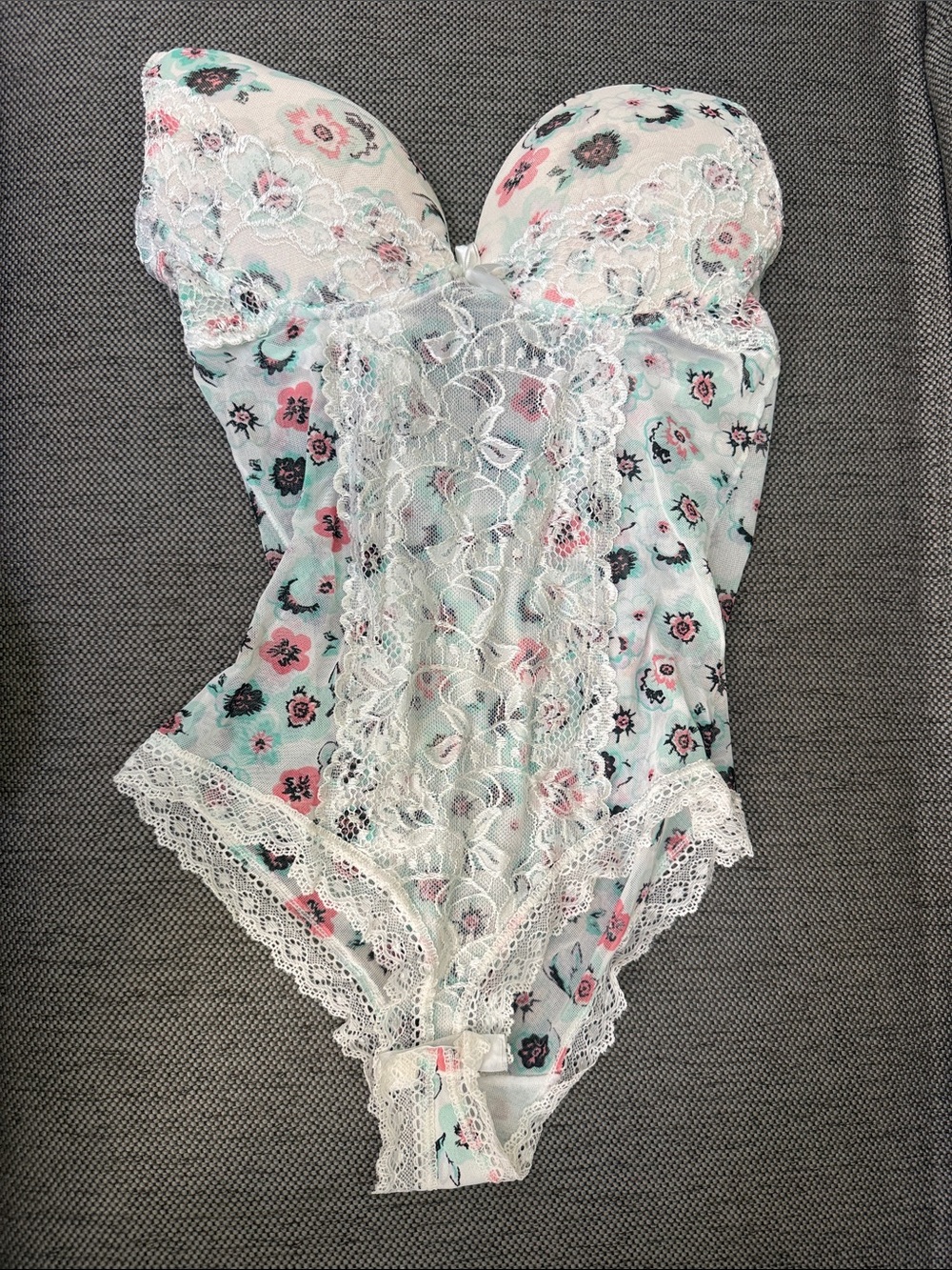 Floral Lace Plunge Bodysuit in Mint and Pink by